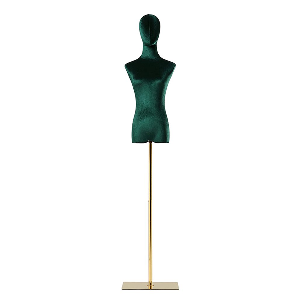 Adjustable Women's Dress Form, Velvet Torso with Solid Wood Arm and Metal Base, Dark Green