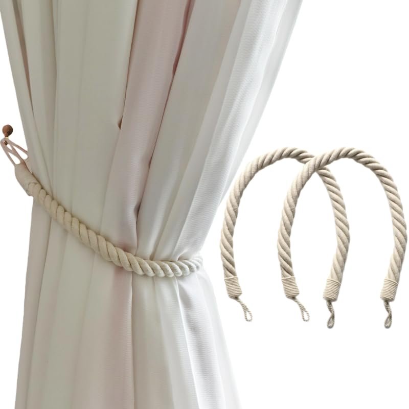 VBNEXYR Curtain Tiebacks, 2-Pack, Thick Braided, 77 cm, Drill-Free, Beige