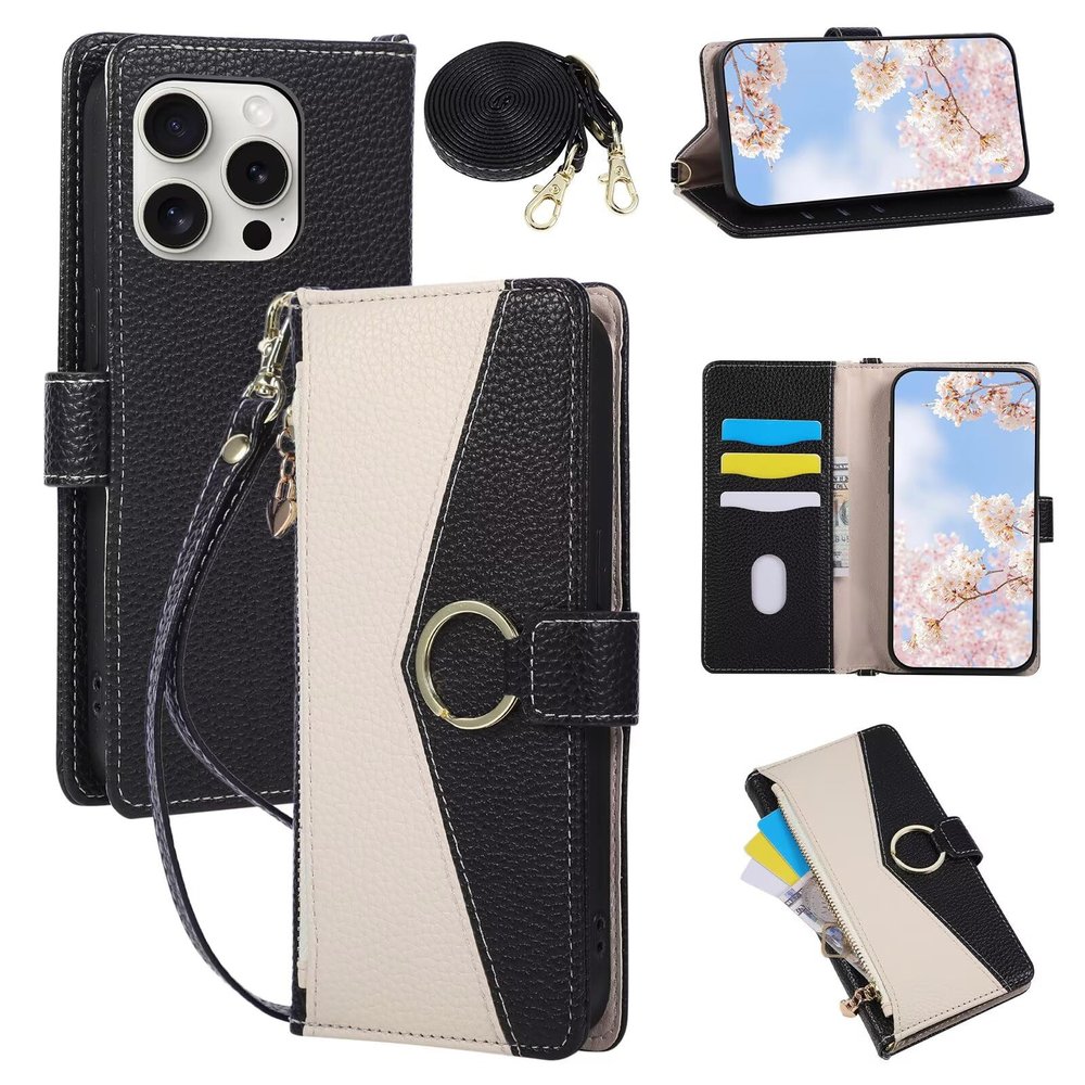 FERLAN iPhone 16 Pro Wallet Case, Folio Leather Case with Zipper, Card Slots, Stand, Strap, Floral Embossing - Black