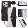 FERLAN iPhone 16 Pro Wallet Case, Folio Leather Case with Zipper, Card Slots, Stand, Strap, Floral Embossing - Black view 1