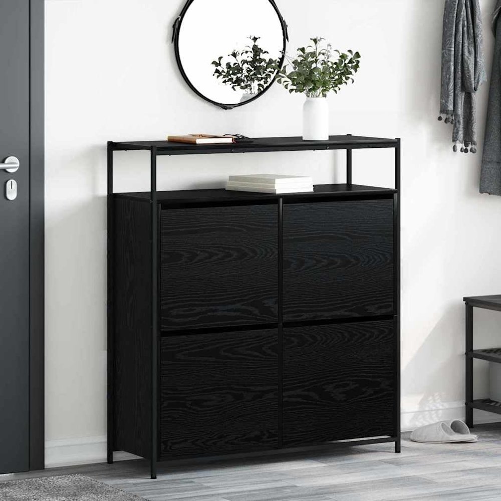 PUGYNBK Modern Shoe Cabinet with Shelf, Black Oak Look, 100 x 34 x 112 cm