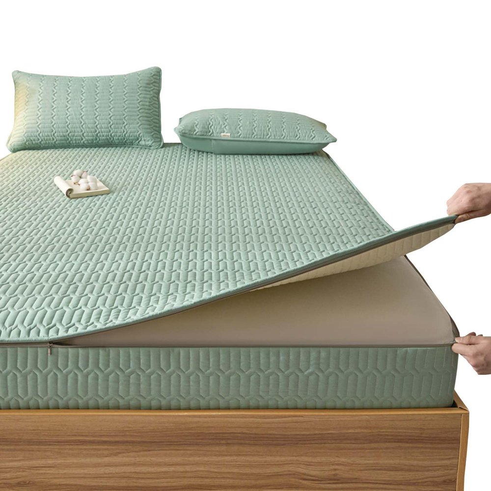 90x200 Mattress Cover with Zipper, Breathable Quilted 5-Sided Removable Washable Mattress Protector, 5–30 cm Height, Topper (170x200+20 cm, Green)
