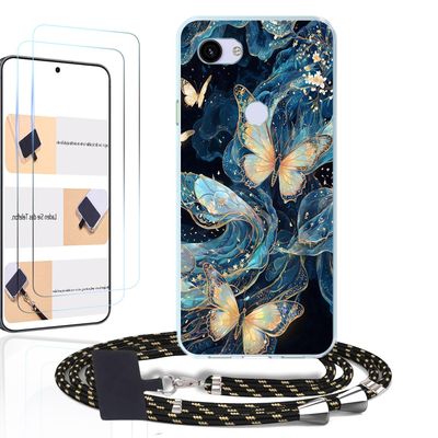 WUACYEAMING Case Compatible with Google Pixel 3a XL, Strap and 2 Tempered Glass Screen Protectors, Transparent Silicone, Butterfly Pattern