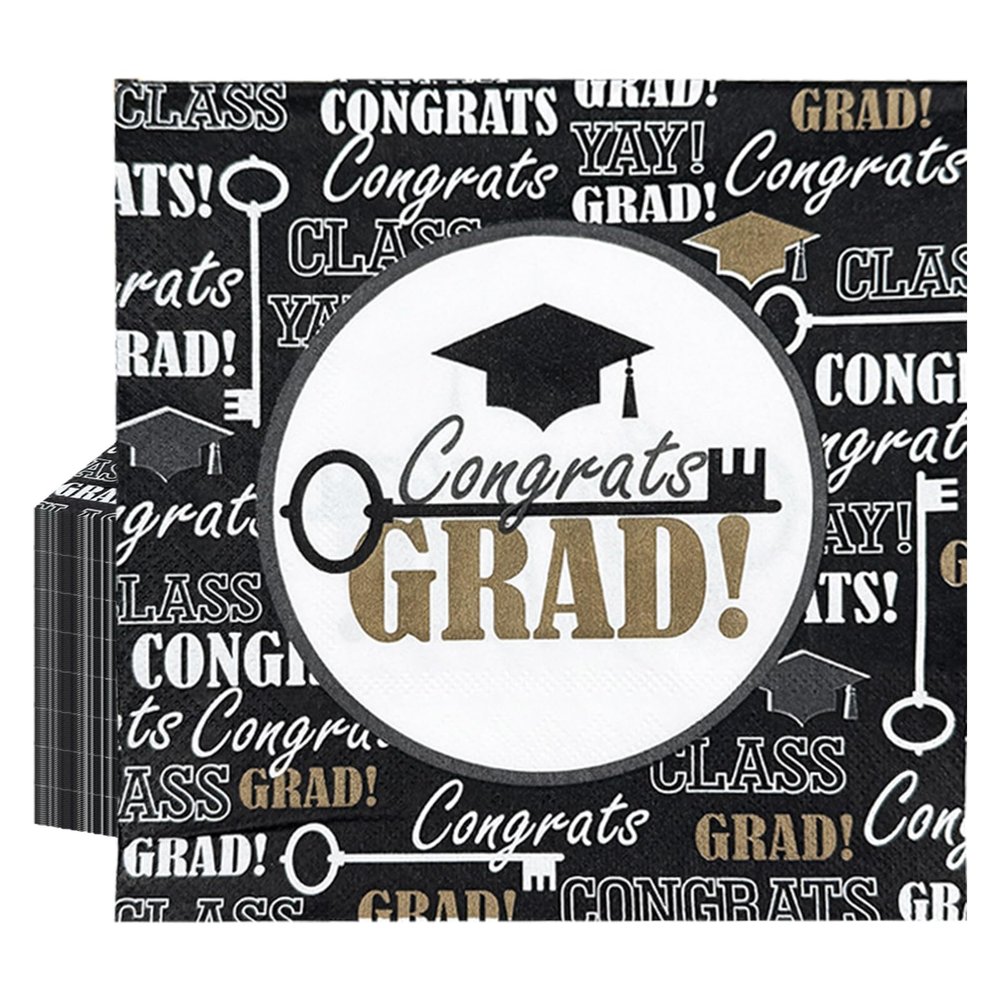 GgiAvbn Bachelor Party Napkins 40 Pack 33x33 cm, Black Gold Graduation Decor with Congrats Grad Design
