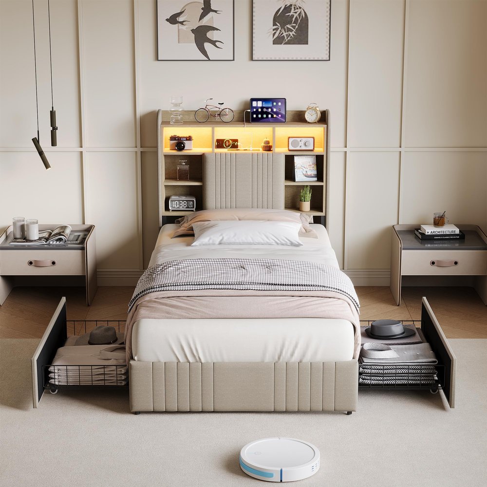 QMTXBYJ Upholstered Bed 90 x 200 cm with 2 Drawers, LED Lighting and Charging Station, Beige