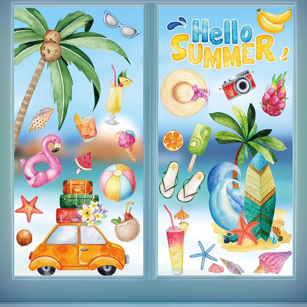 Hianjoo 4 Sheets Hello Summer Window Stickers