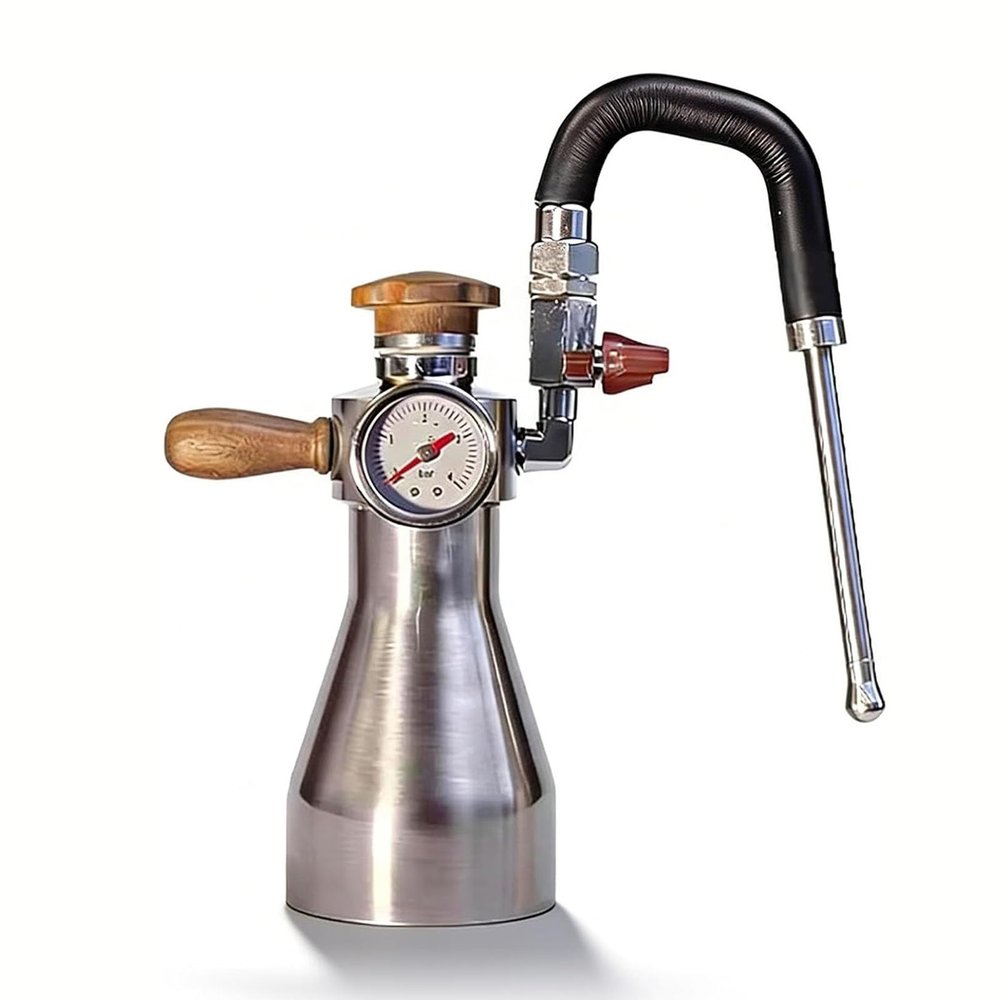 RKXKJ Home Steam Milk Frother, 300 mL Tank, Pressure Gauge, 12 Bar, for Induction, Ceramic, Gas & Open-Flame Stovetops