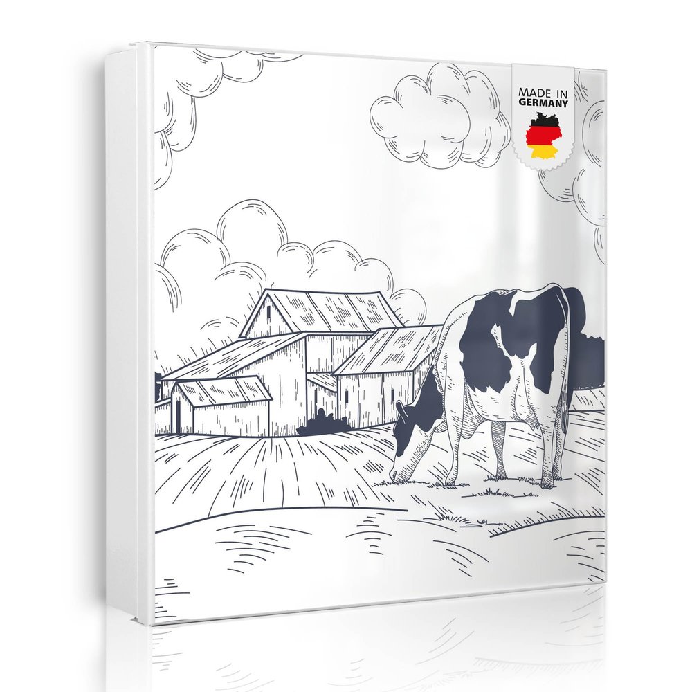 banjado Large Metal Key Cabinet, 30 x 30 cm, 32 Hooks, White Body, Right Hinge, Rural Scene with Cow