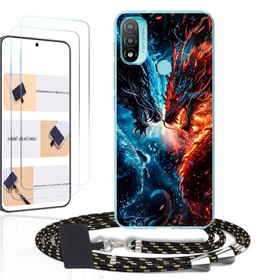 WUACYEAMING Case for Motorola Moto E20 with Lanyard and 2 Tempered Glass Screen Protectors, Clear Silicone, Dragon Pattern