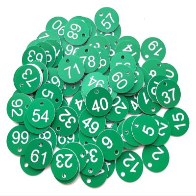 Engraved Plastic Number Tags, 500 Round Sequential ABS Tags, 3.5 cm, Green and White (1–500)