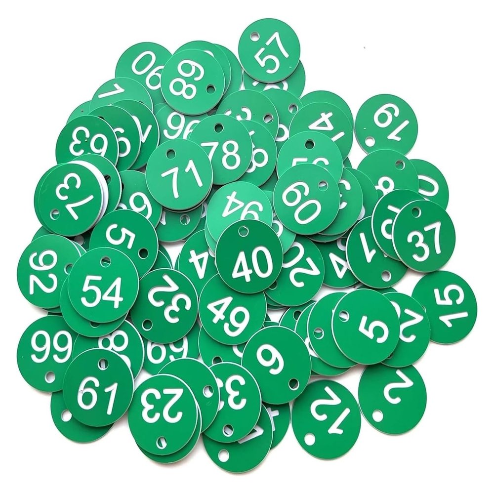 Engraved Plastic Number Tags, 500 Round Sequential ABS Tags, 3.5 cm, Green and White (1–500)