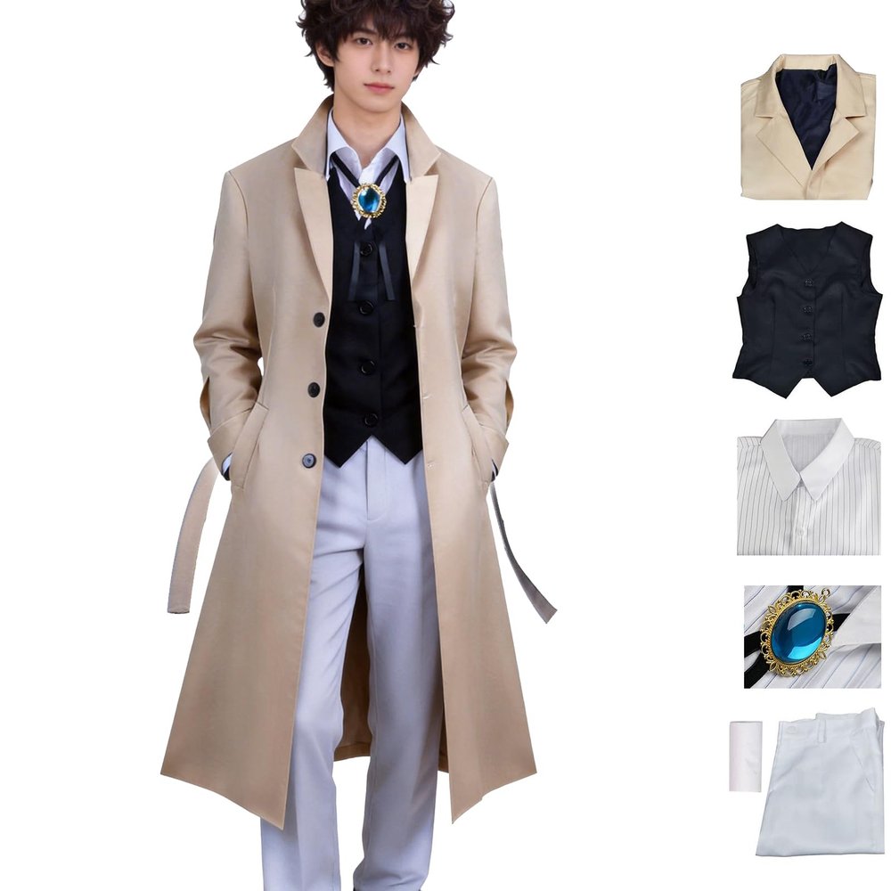 CHUNLEI Dazai Cosplay Costume with Wig, Bungo Stray Dogs Men's Uniform Set, Halloween, Khaki, L