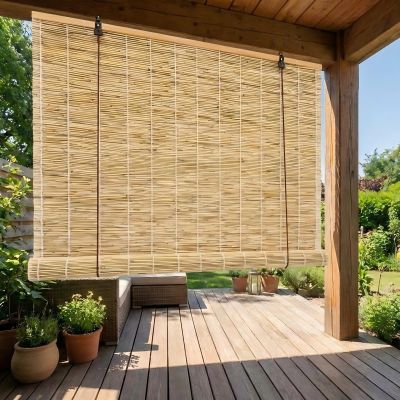 Weatherproof Outdoor Bamboo Blind, Natural Reed Sunshade & Privacy Shade (White Thread, 160W x 40H cm)