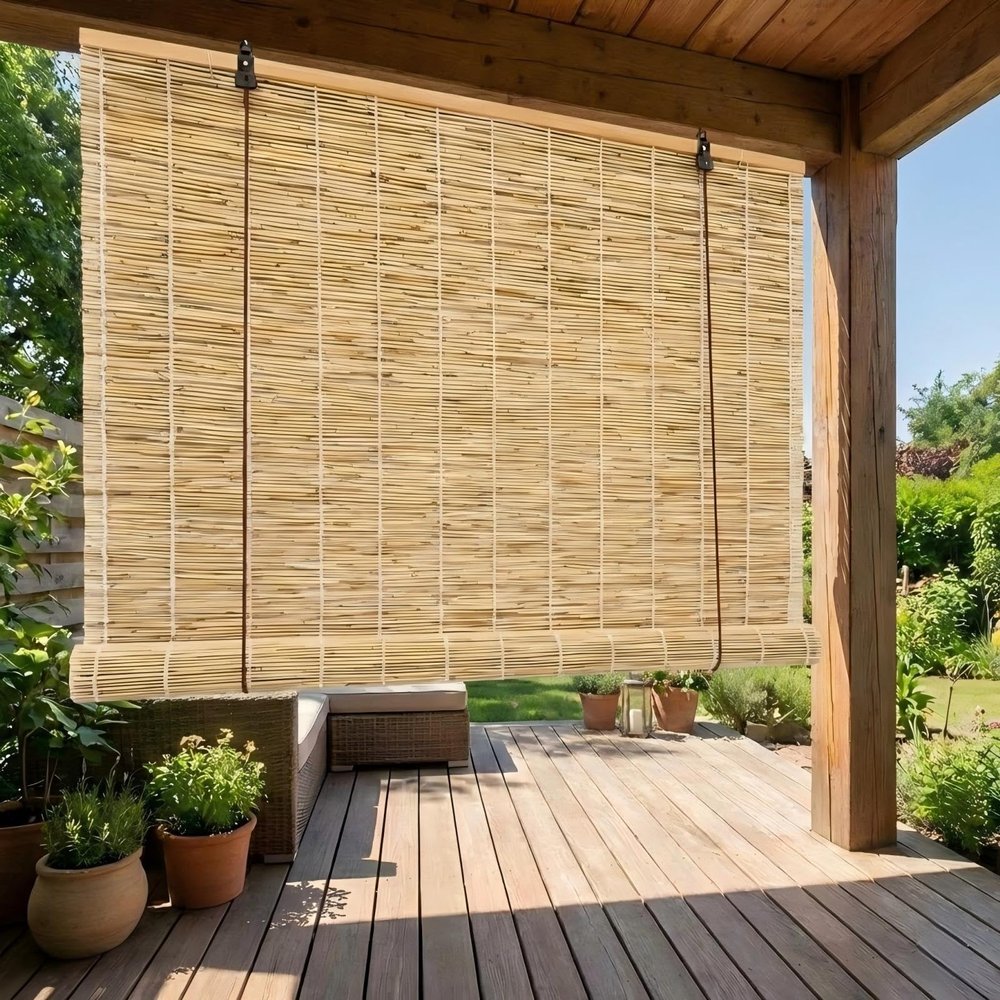 Weatherproof Outdoor Bamboo Blind, Natural Reed Sunshade & Privacy Shade (White Thread, 160W x 40H cm)