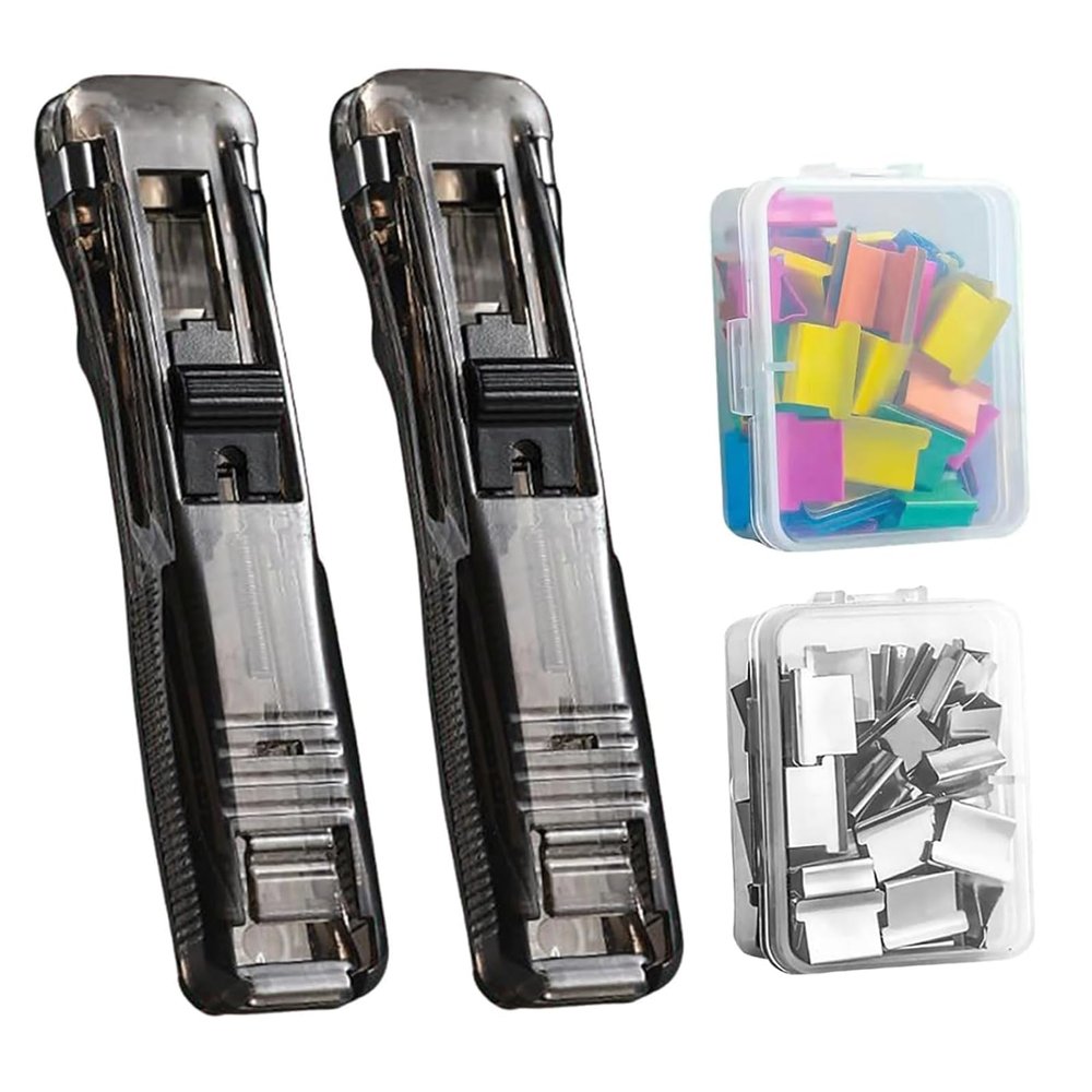 2-Pack Reusable Creative Staplers, Push-Clip Stapler Holders with 100 Stainless Steel Clips, Portable Clip Dispensers for Office, School, Home & Travel (A)