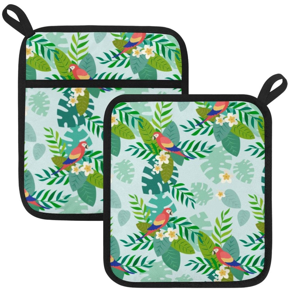 Parrot Palm Leaf Pattern Pot Holders, 2-Piece Set