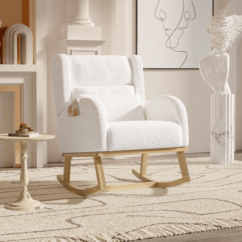 KatFash Upholstered Rocking Chair, Cream White, Natural Wood, 92 x 89 cm