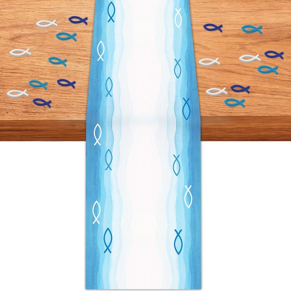 Fish Table Runner with 18 Wooden Fish