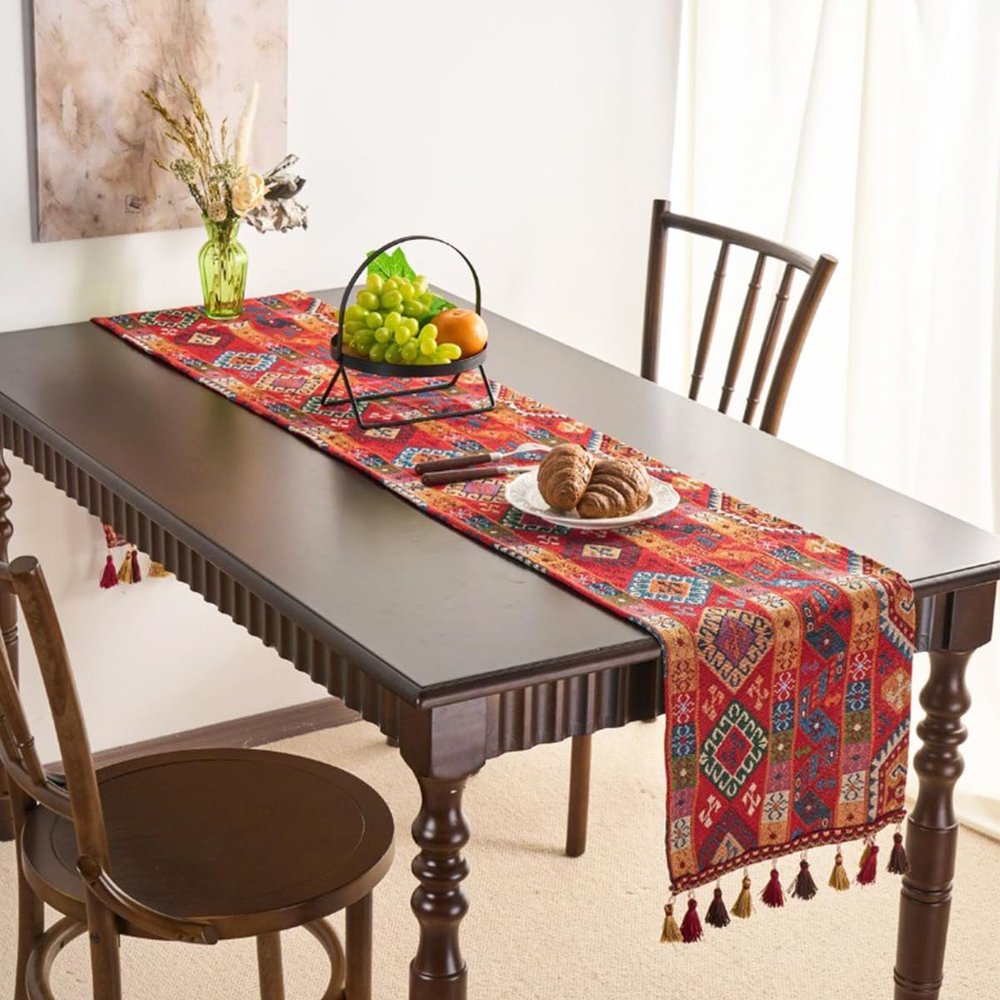 Tokusyou Vintage Boho Cotton Table Runner, Red, 33 x 200 cm