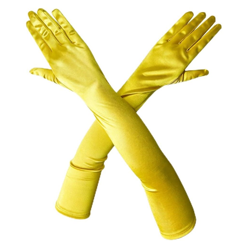Women's Long Yellow Satin Gloves with Matching Wrist Pouch, 1920s Style, 52 cm