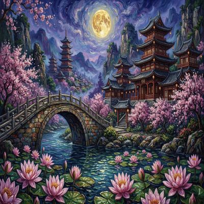 Japanese Landscape Lotus Sakura Puzzle, 1,000 Pieces, Gift for Fans