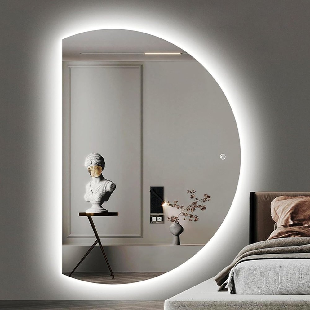 Aenmezen Modern Frameless Right Semicircle Bathroom Mirror with Touch Switch, Dimmable 3-Color Lighting, Anti-Fog, Shatter-Resistant, Wall-Mounted (43" x 28")