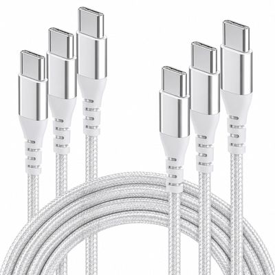 3-Pack USB-C to USB-C Cables, 1 m, Fast Charging, 60 W/3 A, Braided Nylon, Break-Resistant, White, USB-C 2.0, Compatible with iPhone 16/15, Samsung S24/S23, iPad Pro, MacBook, Pixel, PS5
