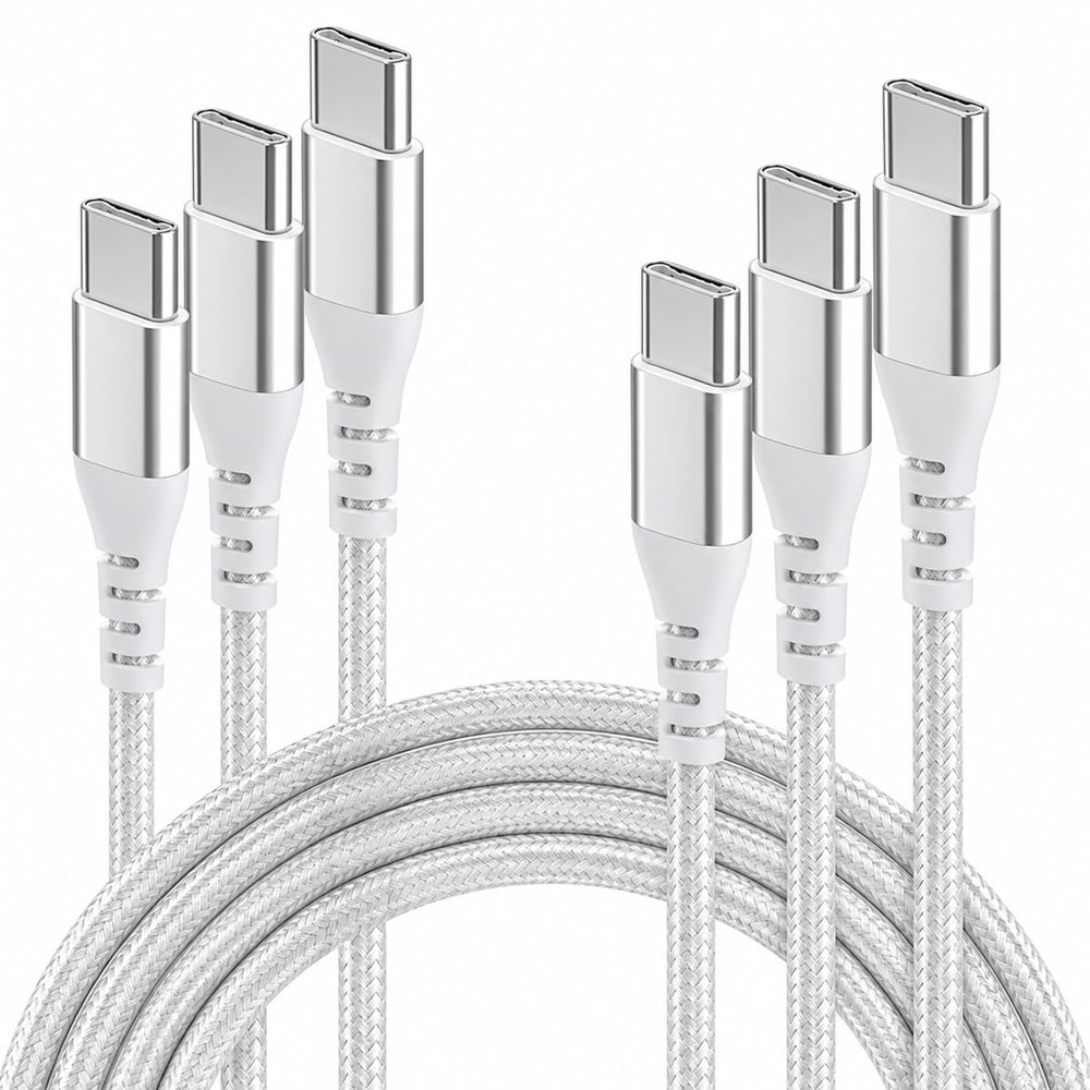 3-Pack USB-C to USB-C Cables, 1 m, Fast Charging, 60 W/3 A, Braided Nylon, Break-Resistant, White, USB-C 2.0, Compatible with iPhone 16/15, Samsung S24/S23, iPad Pro, MacBook, Pixel, PS5