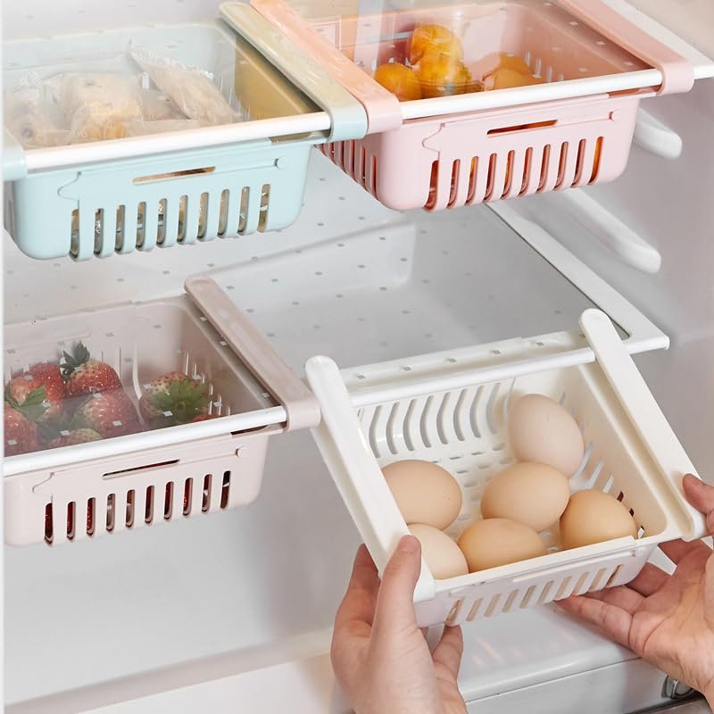 Qcwwy Refrigerator Drawer Organizer, Retractable Multifunction Storage Bin, Shelf-Gap Mount, Ventilated and Drainable (White, 20.5 × 16.4 × 7.6)