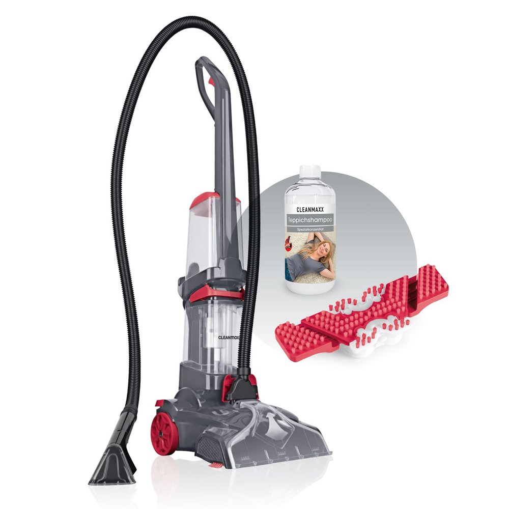 CLEANmaxx AquaStream Plus Carpet Cleaner | 3-in-1: Wash, Clean, Vacuum | Wet Vacuum with Vibrating and Side Brushes | Upholstery Nozzle, Shampoo and Replacement Brush