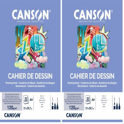 Canson Sketchbook, Drawing Paper, White, Fine Grain, 120 g/m², A4, 21 x 29.7 cm, 32 Pages (Pack of 2)