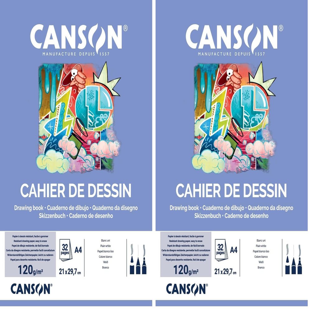Canson Sketchbook, Drawing Paper, White, Fine Grain, 120 g/m², A4, 21 x 29.7 cm, 32 Pages (Pack of 2)