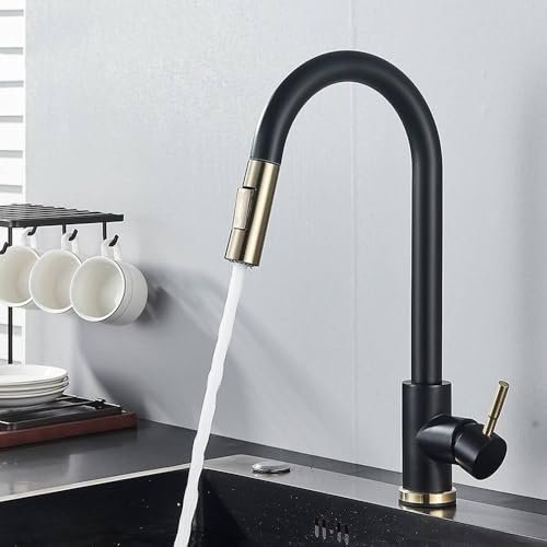 GYEQXKT Kitchen Faucet with Matte Black Touch Sensor, Pull-Out Smart Mixer Tap with Two Water Modes, Rotating Hot and Cold Water Faucet, Elegant Black and Gold Design for Modern Kitchens