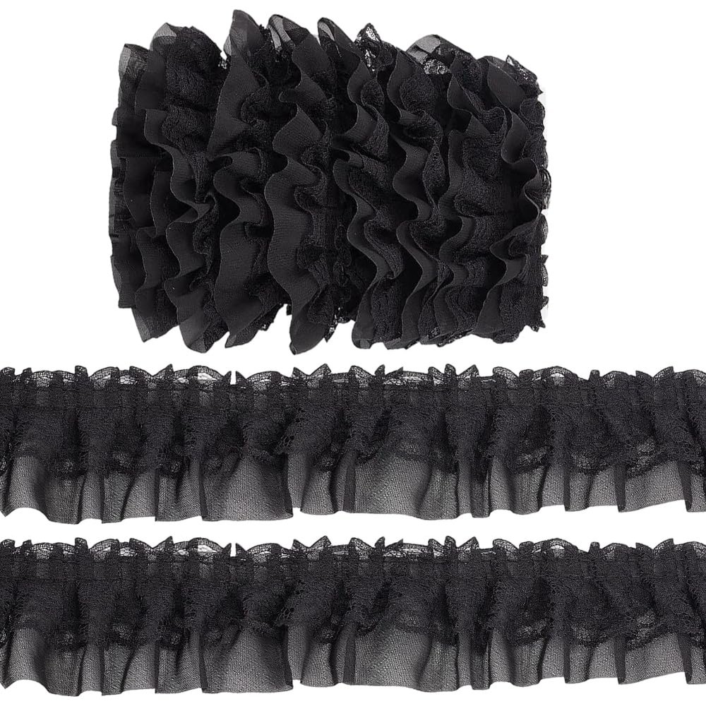 GORGECRAFT 5m x 50mm Double Layer Chiffon Lace Trim - Black