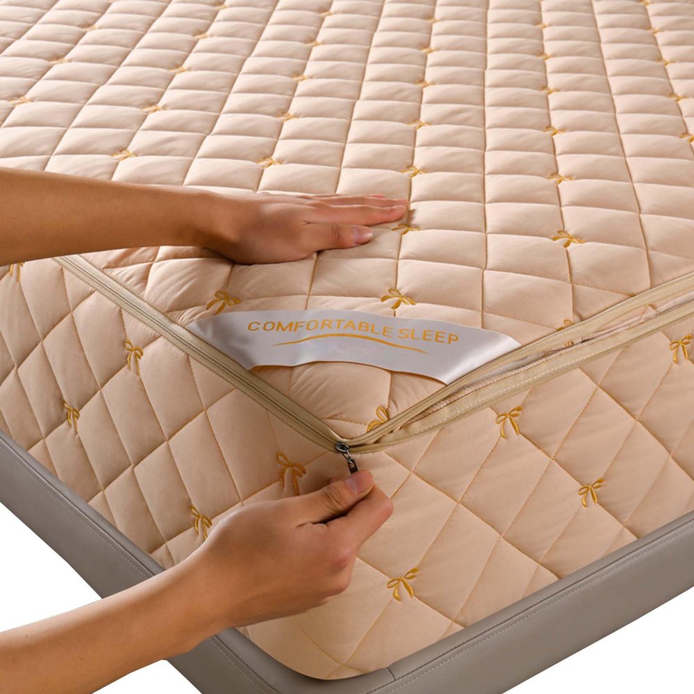 Quilted Zippered Mattress Protector, Adjustable, Washable, Camel, 150 x 190 + 14 cm