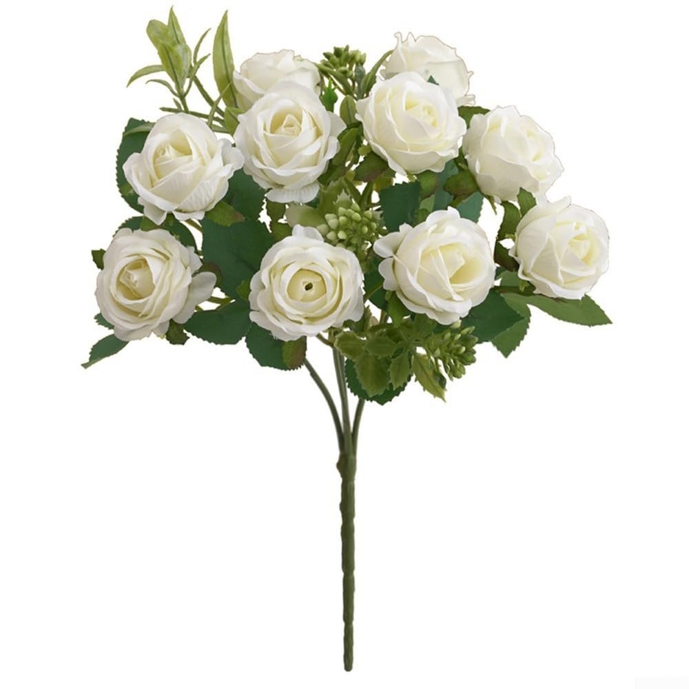 Artificial Rose Bouquet, 10 Small Silk Flowers, Realistic Blooms for Weddings, Home, Desktop Vase, Photography Props, Table Decoration (White)