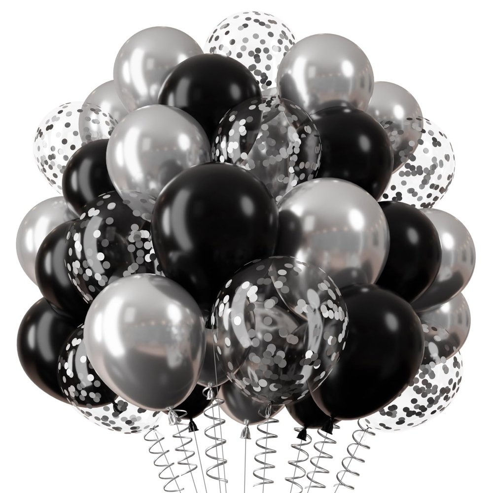 QIFU Black and Silver Balloons, 36-Piece Silver Birthday Balloon Set