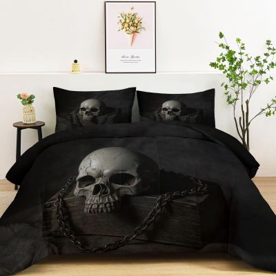 155 x 220 cm Duvet with Integrated Cover, Black Gothic Horror Skull, 4-Season, Washable, with 2 Pillowcases