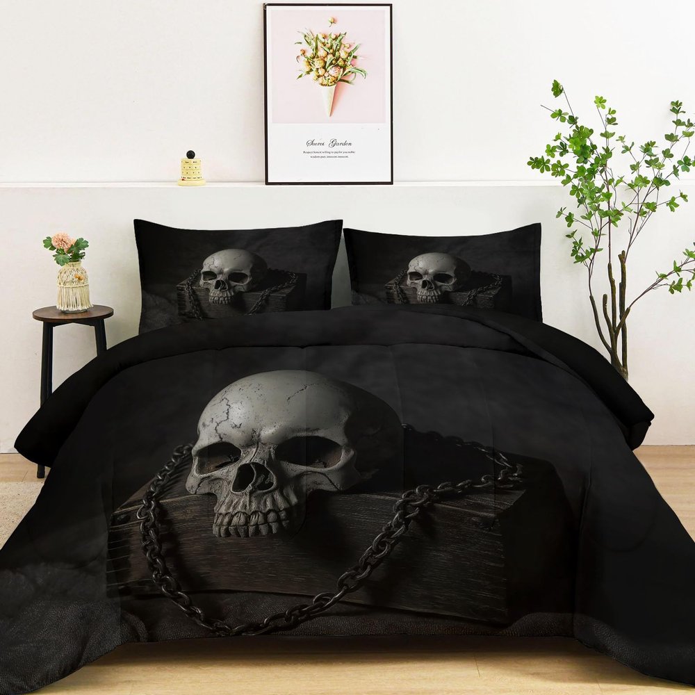 155 x 220 cm Duvet with Integrated Cover, Black Gothic Horror Skull, 4-Season, Washable, with 2 Pillowcases