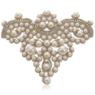 Beige DIY Beaded Applique with Rhinestones and Iron-On Backing