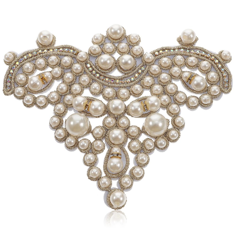 Beige DIY Beaded Applique with Rhinestones and Iron-On Backing