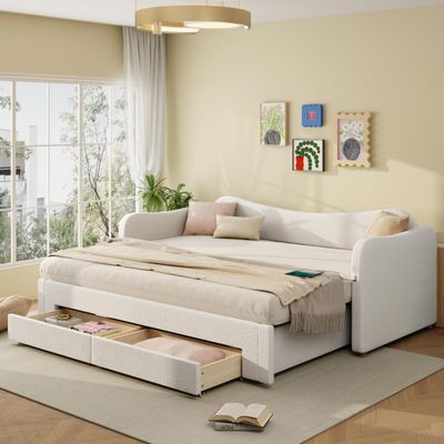 Xwiny Upholstered Sofa Bed 90 x 200 cm with USB Port, Pull-Out Trundle and Drawers, Beige Velvet (Mattress Not Included)