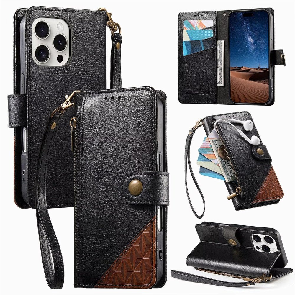 xinyunew Phone Case for Honor 400 Lite, Zippered Premium PU Leather Wallet Case with Magnetic Closure, Card Slots, Stand, and Strap - Black