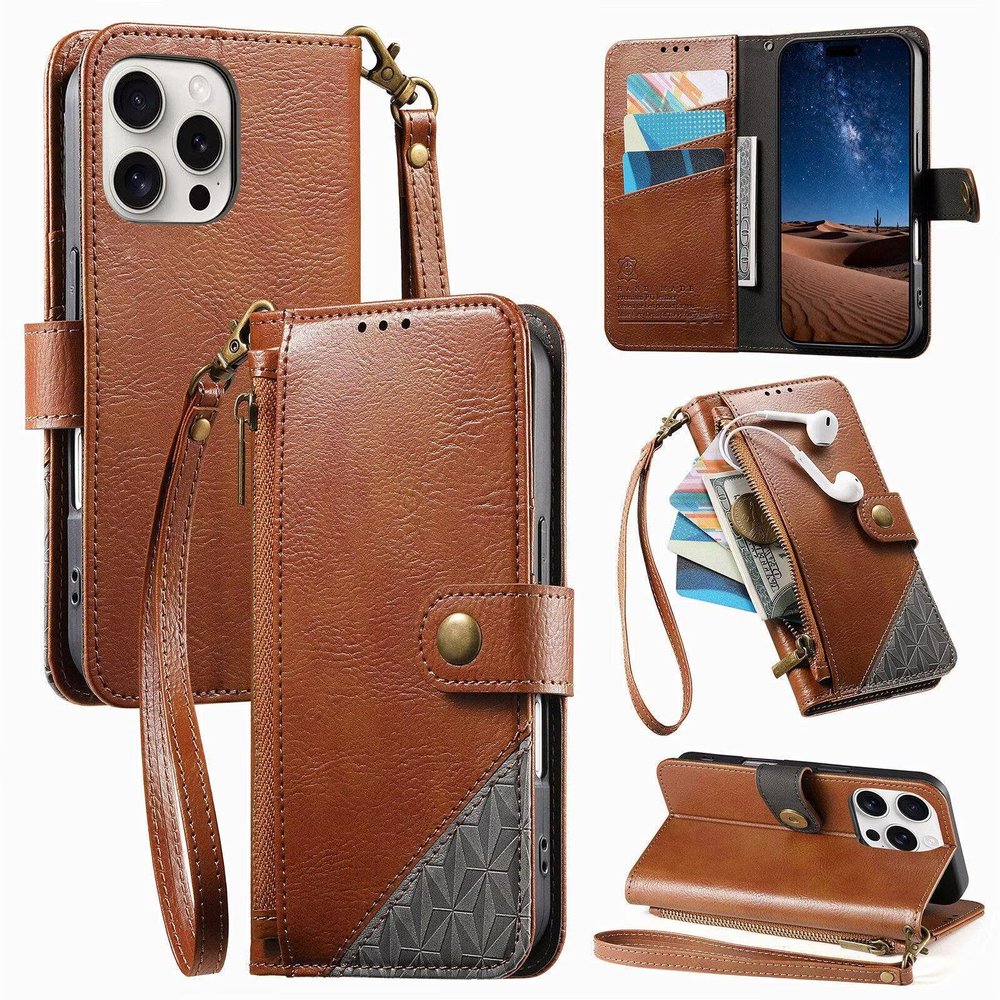 xinyunew Phone Case for Xiaomi Poco F6 Pro, Premium PU Leather Wallet Case with Strap - Brown
