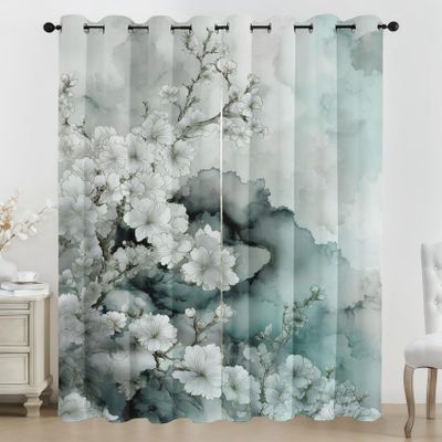 Teal Floral Chinese Ink-Style Blackout Curtains, Thermal, 2 Panels, H 260 x W 140 cm