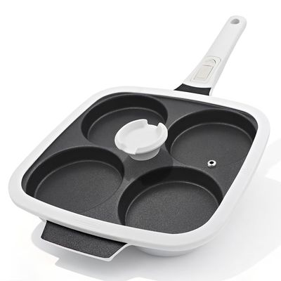 Large 4-Hole Fried Egg Pan with Removable Handle, 26 x 24 cm, White