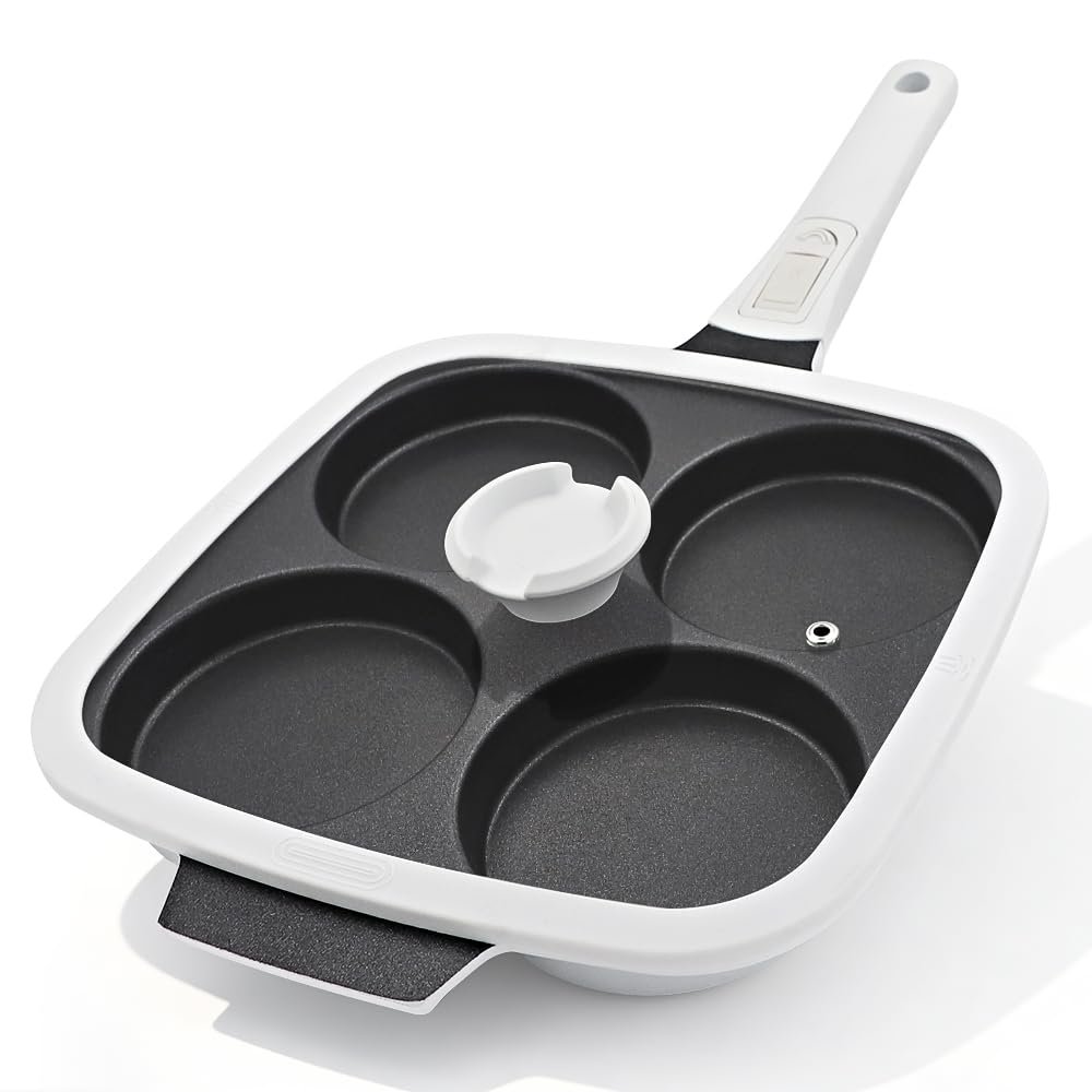 Large 4-Hole Fried Egg Pan with Removable Handle, 26 x 24 cm, White