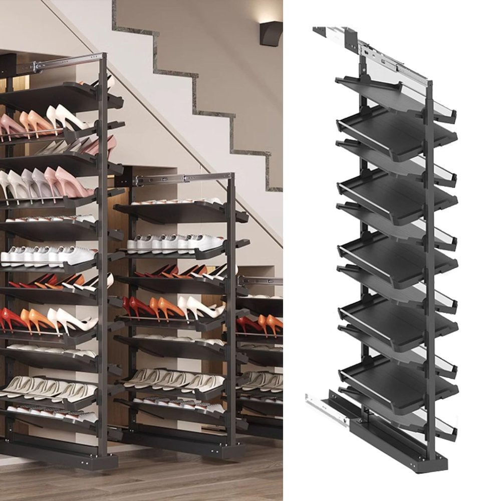 Generic Narrow Shoe Cabinet with Adjustable Pull-Out, 11-Tier Stackable Metal Organizer for Hallway Cabinets, Space-Saving Vertical Shoe Rack for Entryways