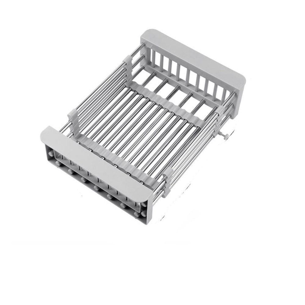 1-Piece Expandable Stainless Steel Sink Drain Basket, Foldable Dish-Drying Rack with Drainage Filter Grid, Gray-L