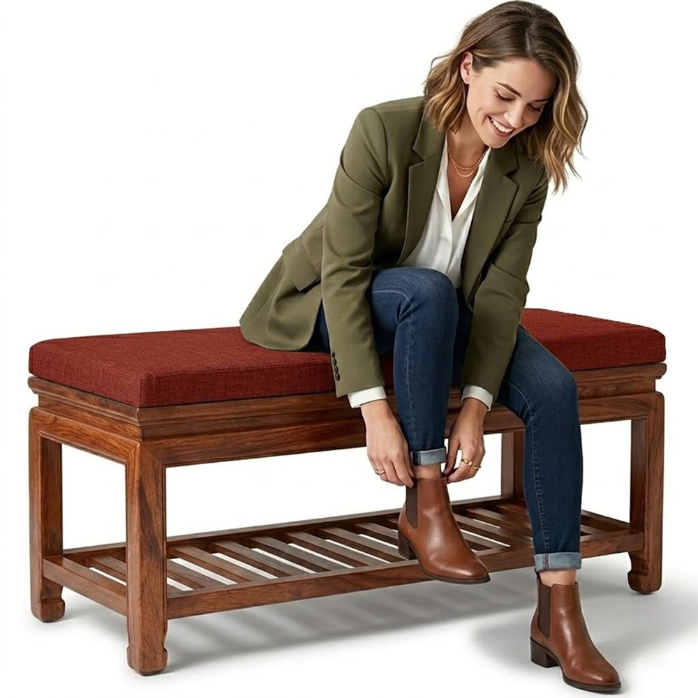 QOEUIUJ 2-Inch Linen Bench Cushion, Custom Size, Non-Slip with Ties and Zipper, Burgundy, 200 x 55 cm